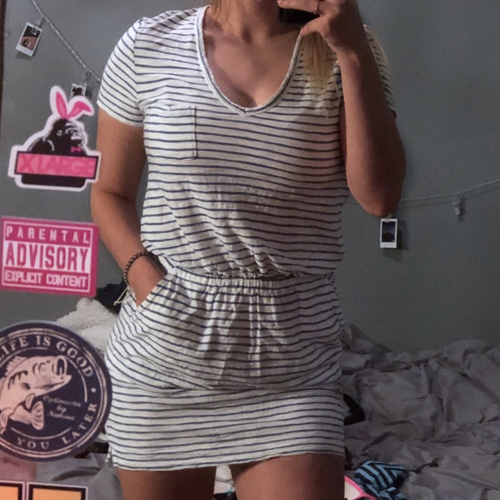 Navy and white dress with pockets